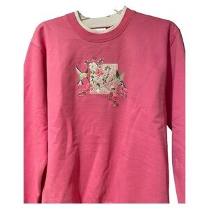 Pink Embroidered‎ Hummingbird Floral Sweatshirt Womens Small NWT Cottage Granny